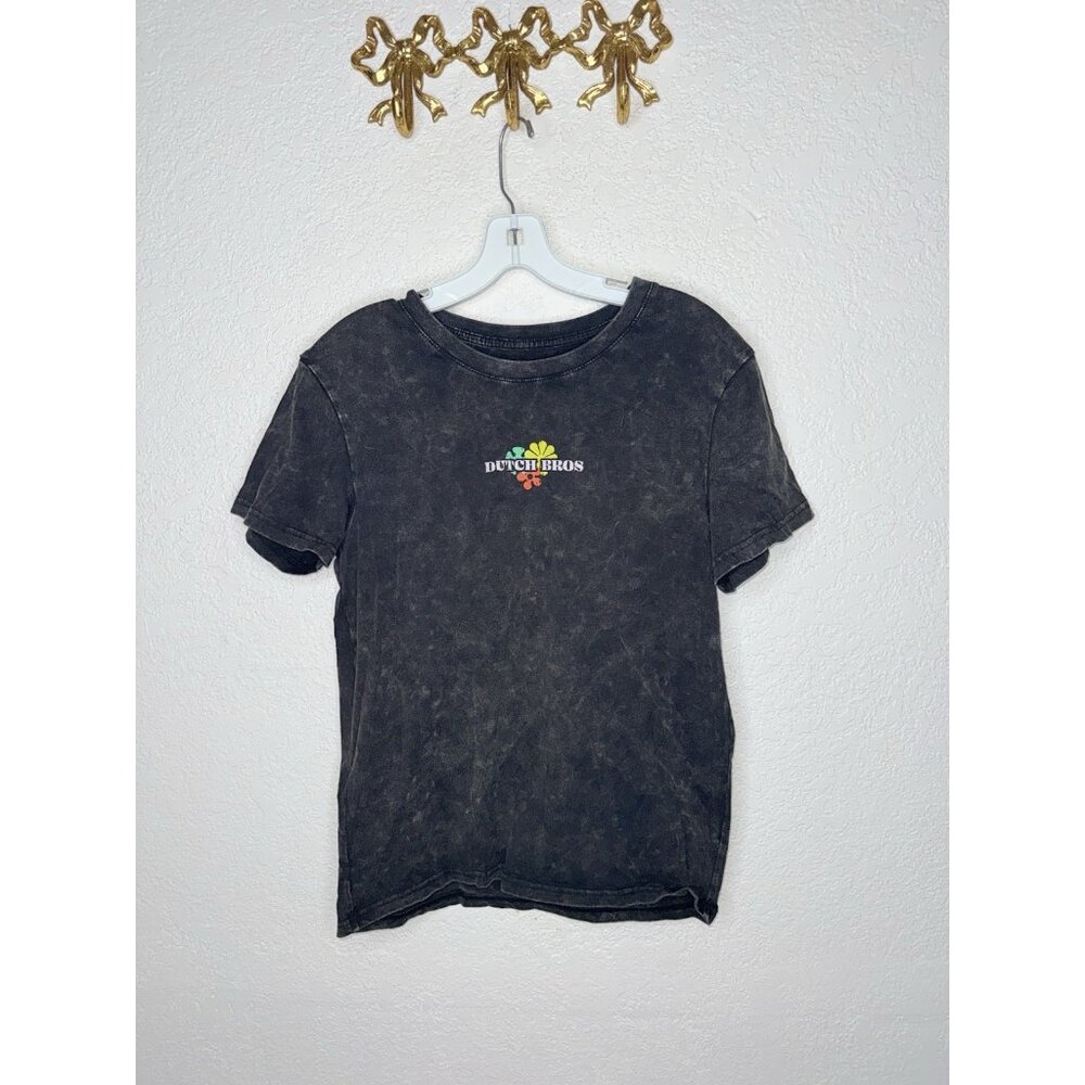 Dutch Bros T Shirt Women Medium Black Distressed Flower Child Coffee Uniform R2